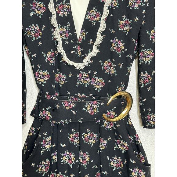 VTG SL Petites 80s Prairie Dress 8 Black Cream Floral Lace Coquette Cottagecore - Picture 6 of 16